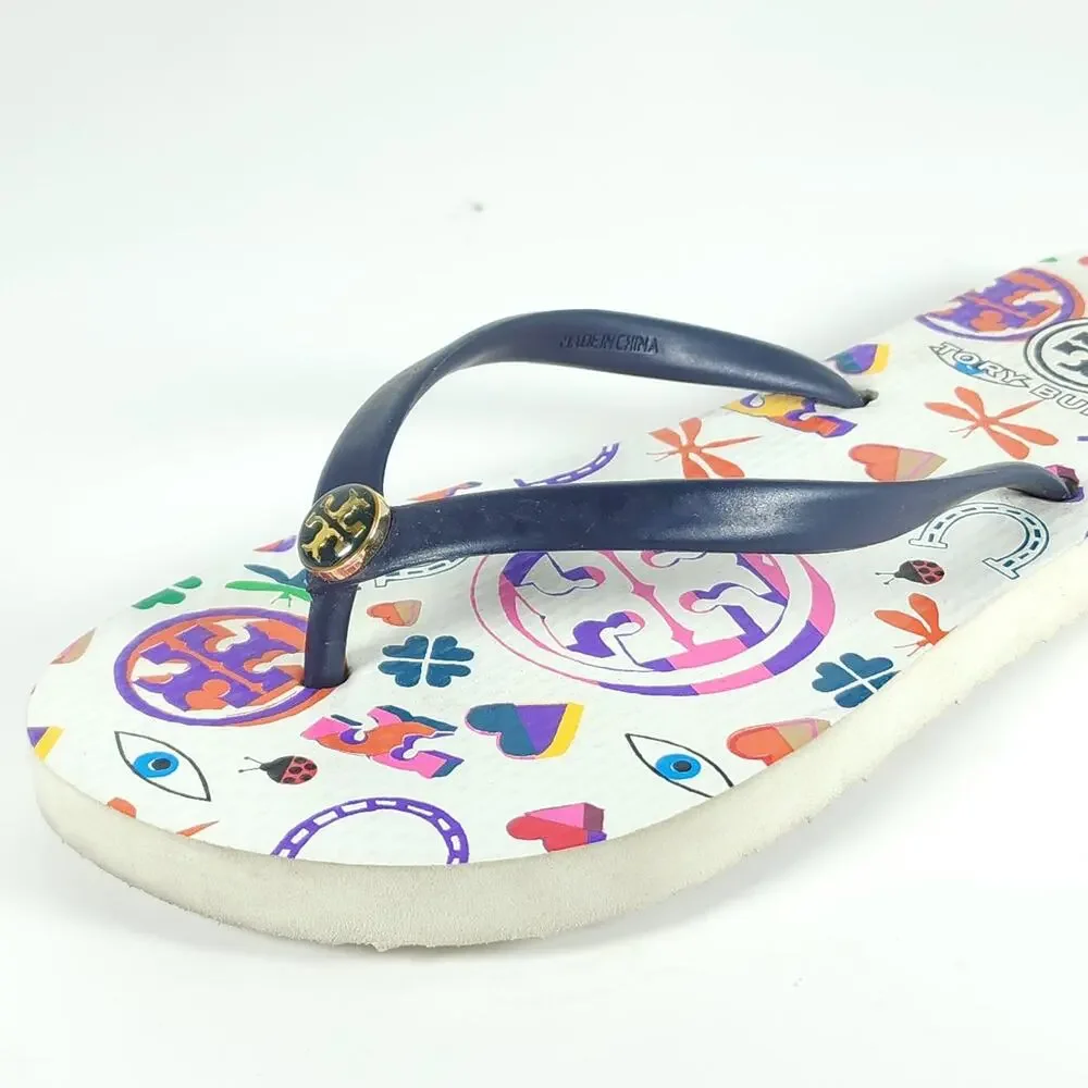 Tory Burch Women’s US6M Blue White Graphic Logo Flip Flop Thong Sandals